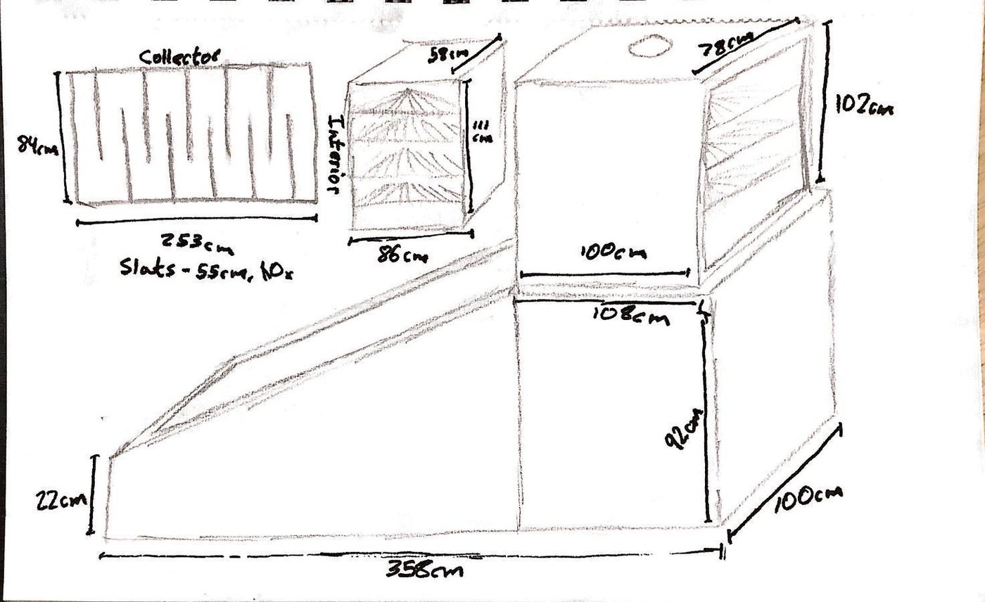 Hand-drawn dimensioned sketch of the dryer: a long inclined solar collector with internal slats feeding a taller drying chamber with a chimney, marked 356 cm overall.