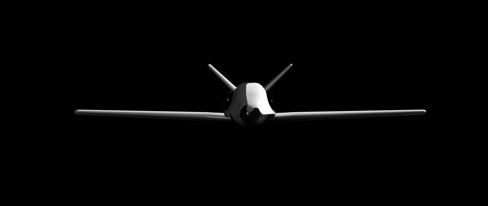 Front view render of the Vritra airframe: a fixed-wing aircraft with a blended fuselage and a dorsal inlet, on a black background.